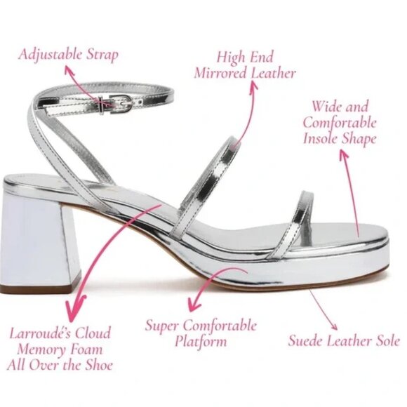 Larroude Gio Sandal Silver Specchio Chunky Metallic 6 Heel Strappy - Picture 9 of 9